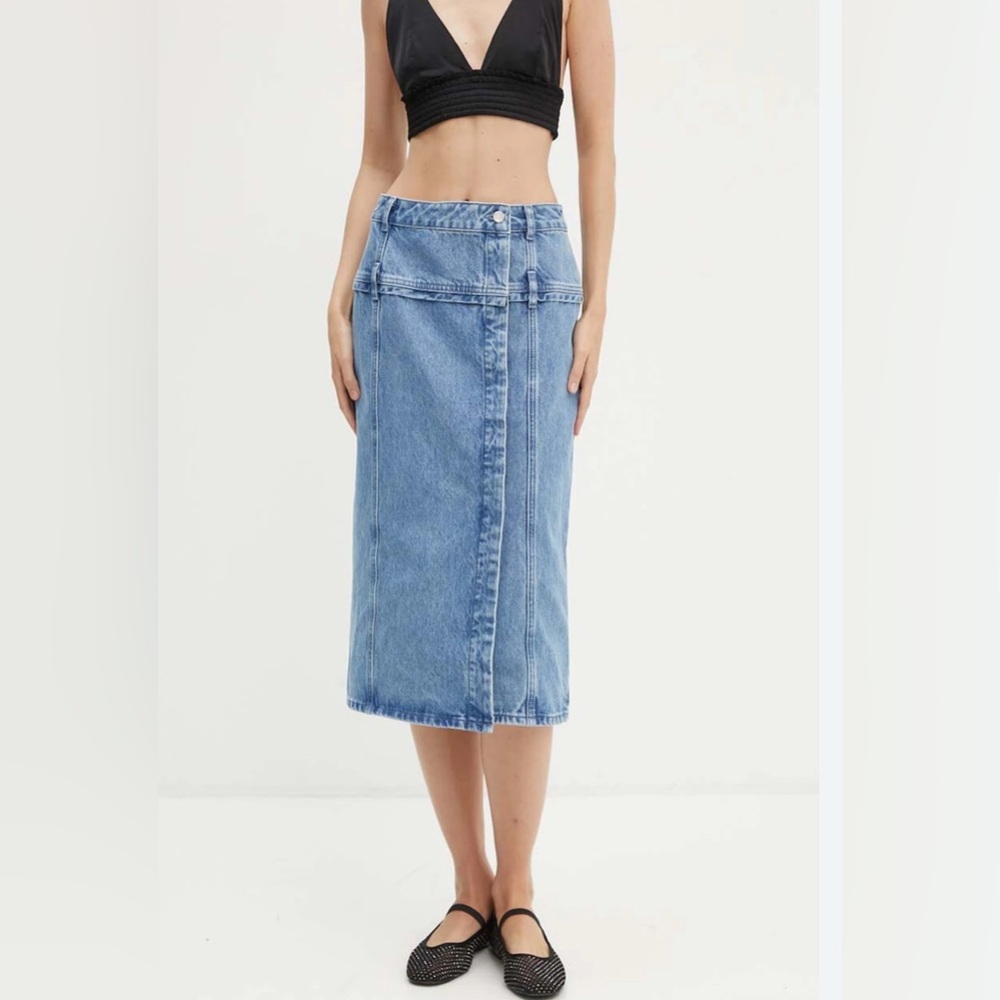 Stine Goya Layered Detail Denim Skirt - Washed Blue Midi - Size S (US 4)